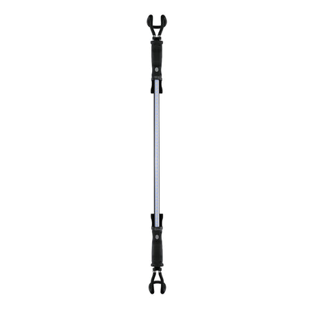Black and silver handheld work lamp with a long LED light bar and two adjustable end clamps.