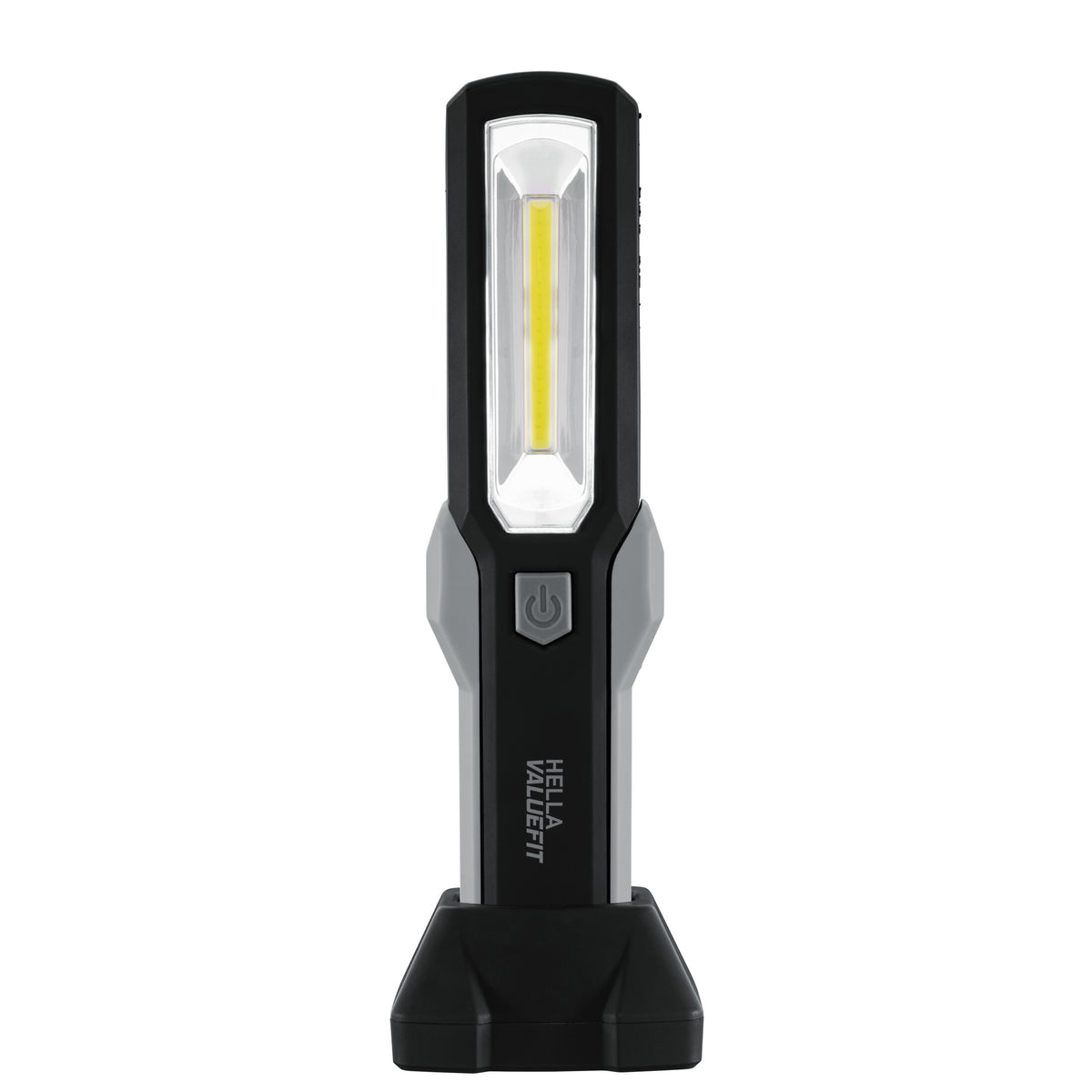 Black and gray HELLA VALUEFIT handheld work lamp with a rectangular LED light and power button, standing upright.
