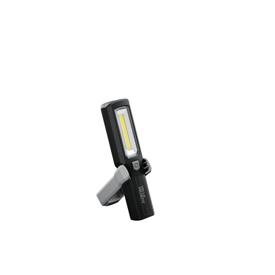 Black handheld work lamp with a bright LED panel and a gray adjustable kickstand.