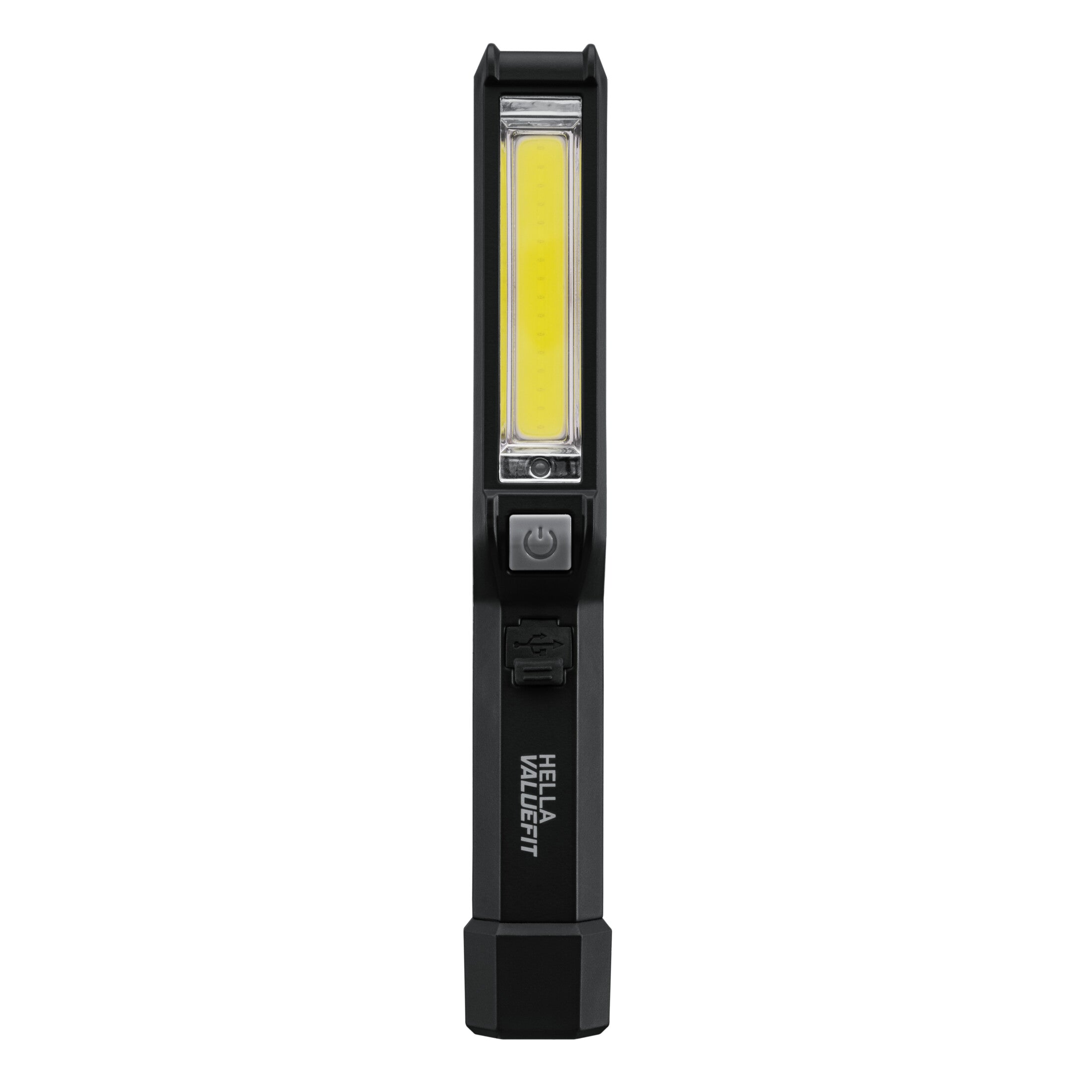 Black HELLA VALUEFIT handheld work lamp with bright LED strip, power button, and USB ports.