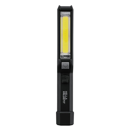 Black HELLA VALUEFIT handheld work lamp with bright LED strip, power button, and USB ports.