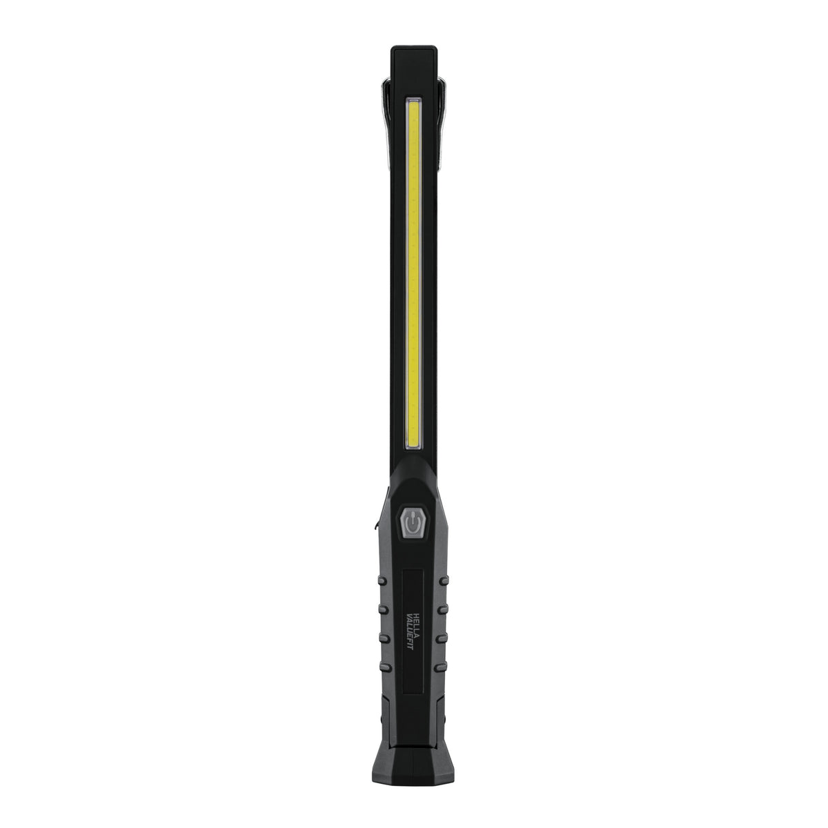 Black handheld work lamp with a long, bright yellow LED strip and textured grip.