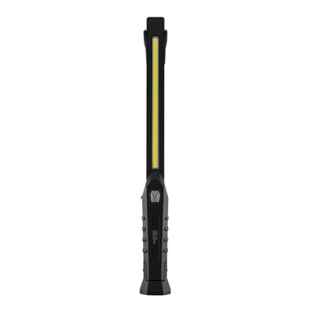 Black handheld work lamp with a long, bright yellow LED strip and textured grip.