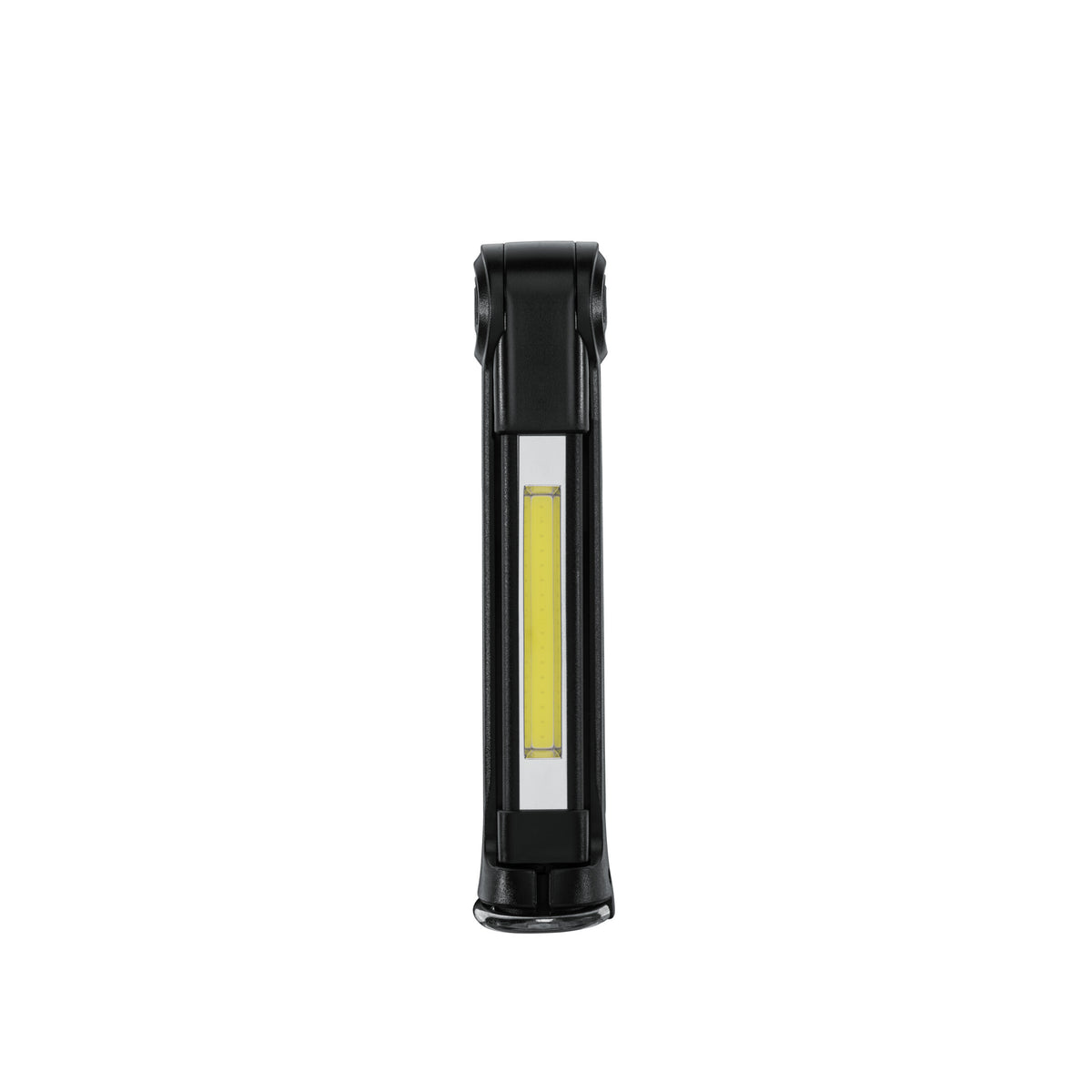 Black handheld work lamp with a bright rectangular LED panel, compact and durable.