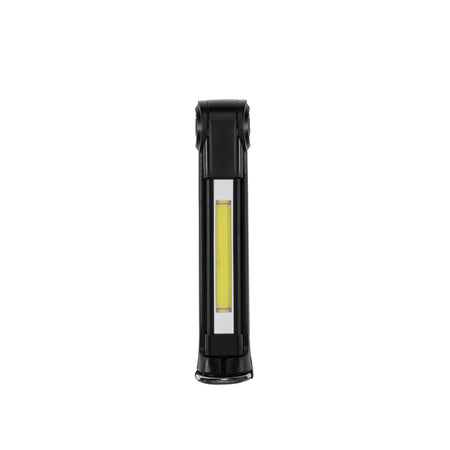 Black handheld work lamp with a bright rectangular LED panel, compact and durable.