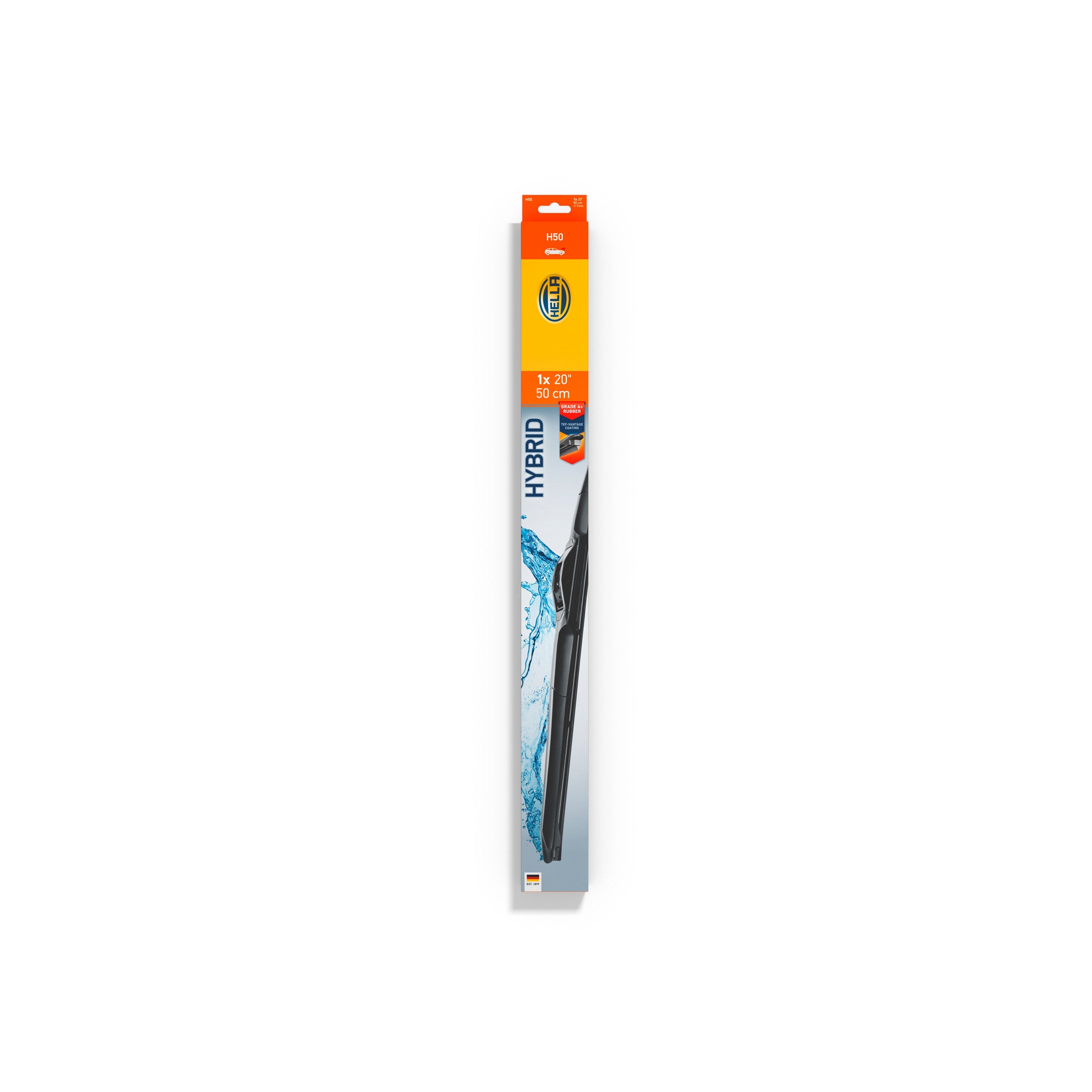 Hella H50 Hybrid 20-inch (50 cm) windshield wiper blade in red and blue packaging.