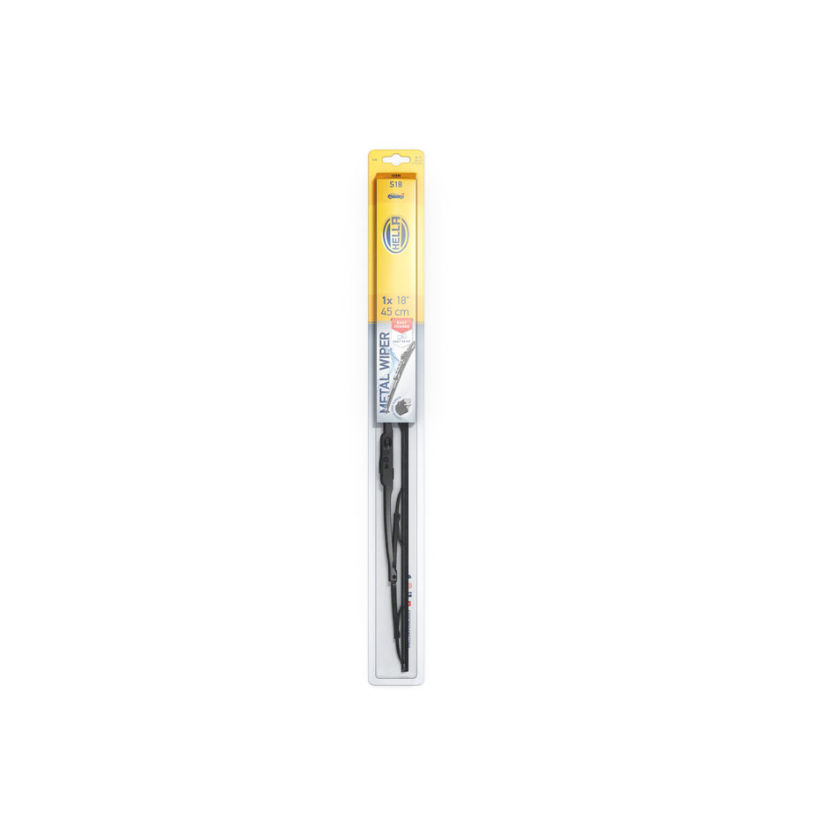 Hella metal windshield wiper blade, 19-inch, in clear and yellow retail packaging.