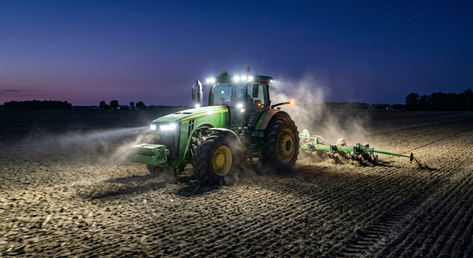 Green tractor plowing a field at night with bright lights illuminating the area.