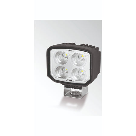 Black Power Beam S LED work light with four bright bulbs and a silver mounting bracket.