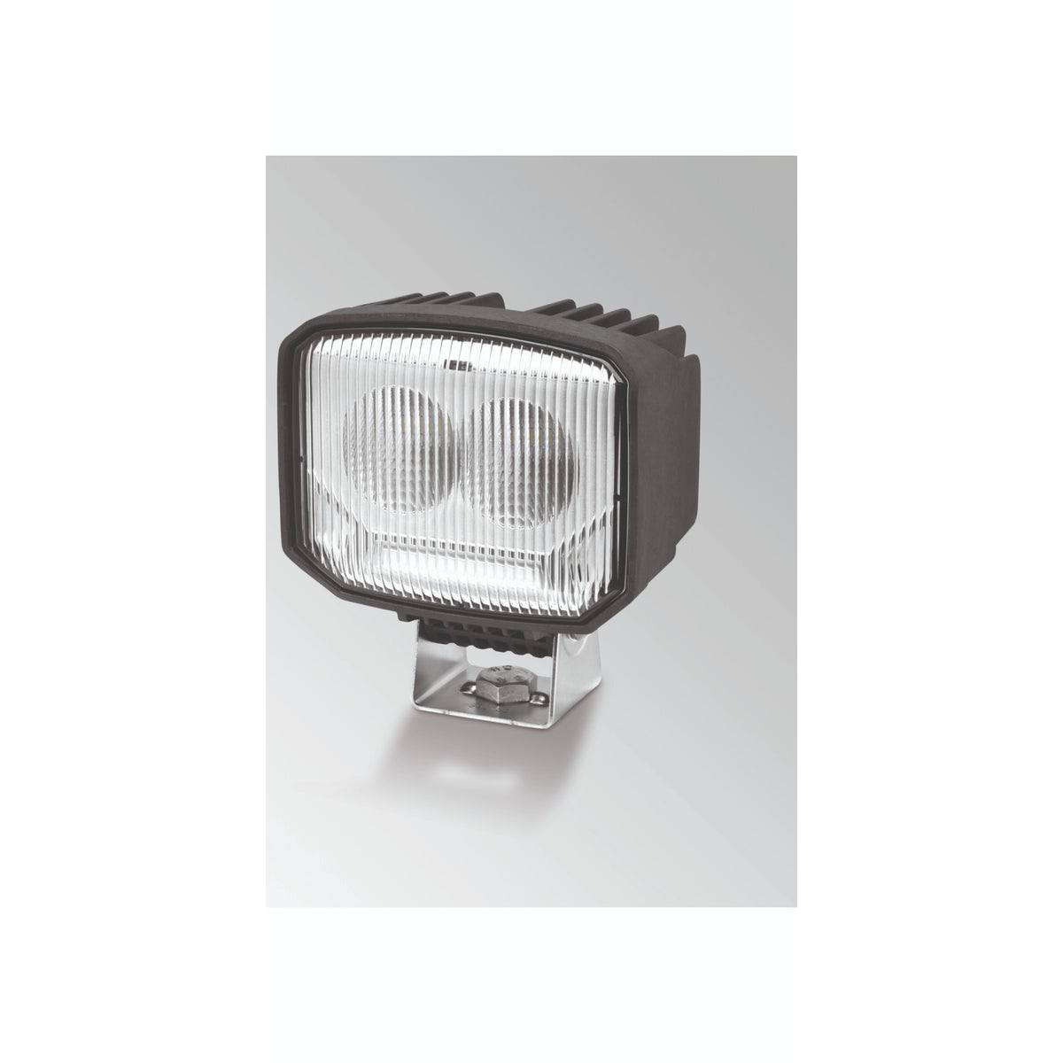 Black Power Beam S LED work lamp with two round lights, square clear lens, and metal bracket.