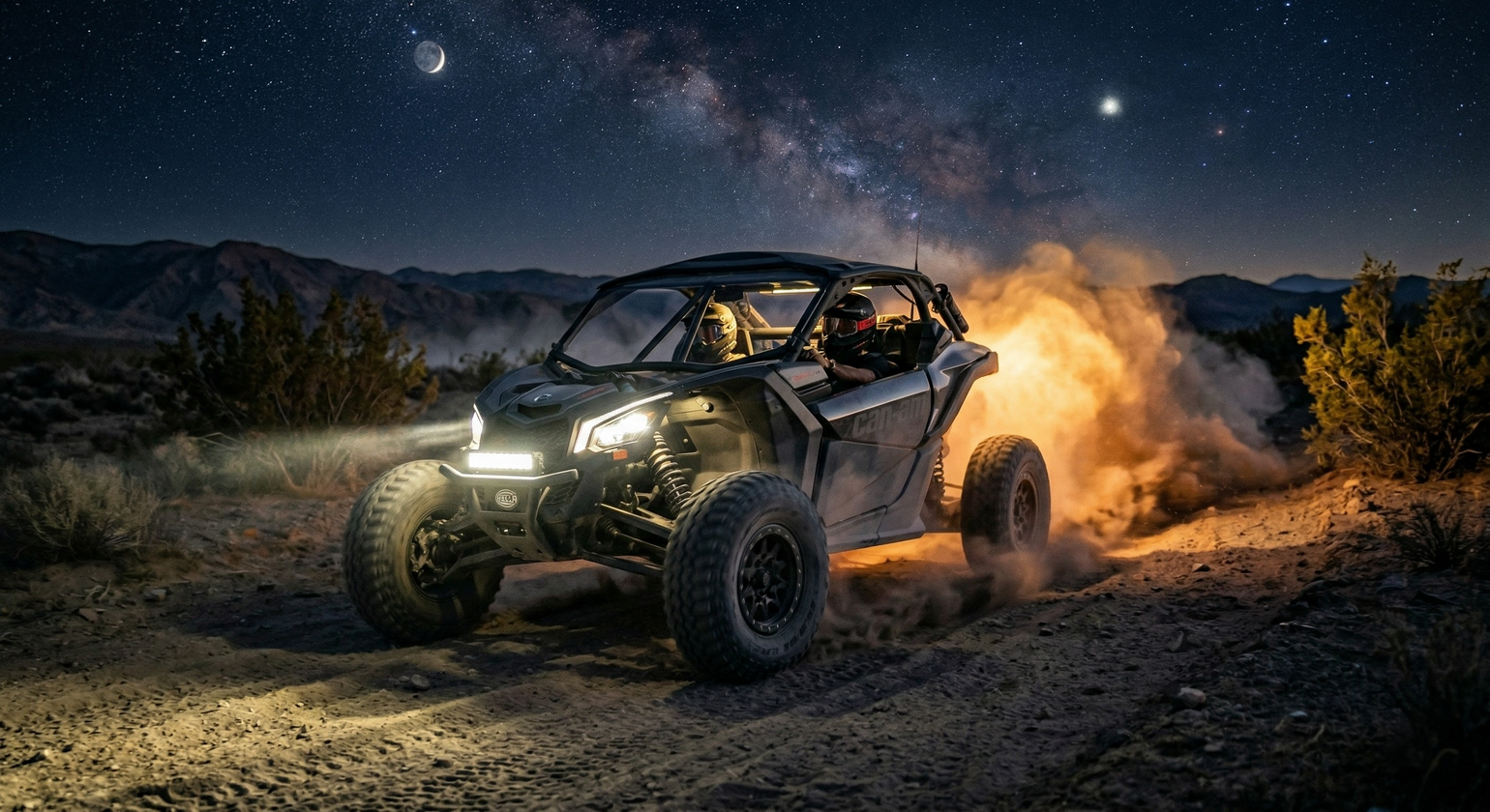 Off-road vehicle driving on a dirt road under a starry night sky.